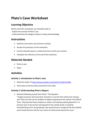 Platos Cave Worksheet Teaching Resources