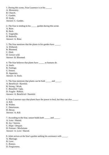 Romeo & Juliet, MCQs for Act 2, Scene 3 | Teaching Resources