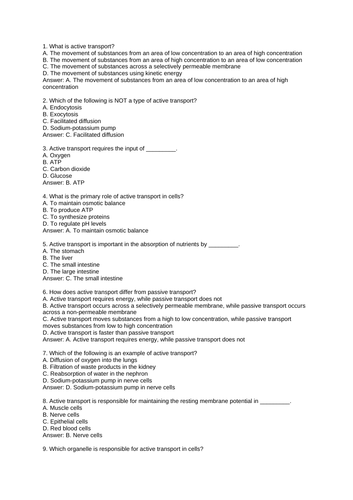 GCSE MCQs on Active Transport | Teaching Resources