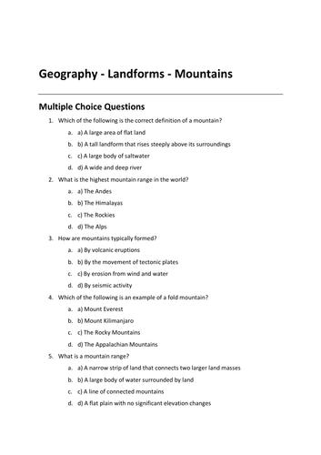 Geography - Landforms - Mountains Multiple choice assessment/Quiz ...