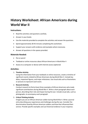 History Worksheet: African Americans during World War II