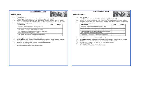 Year 6 SATs Style Comprehension Questions - Soldier's Diary | Teaching ...