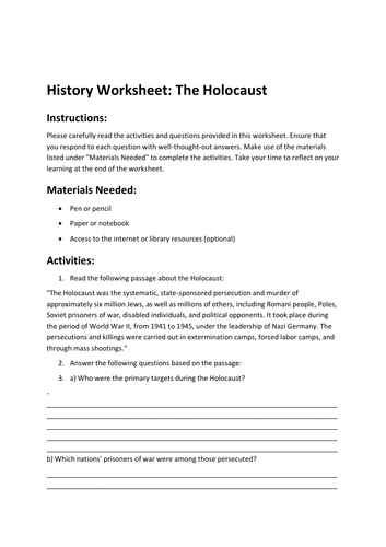 History Worksheet: The Holocaust | Teaching Resources