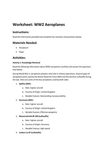 Worksheet: WW2 Aeroplanes