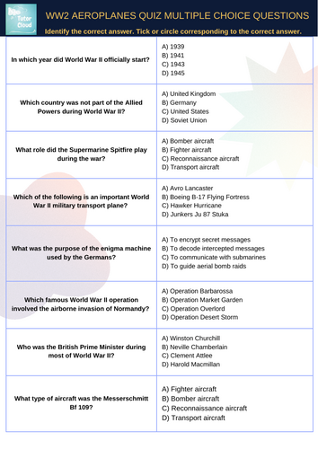 Multiple Choice Questions: WW2 Aeroplanes