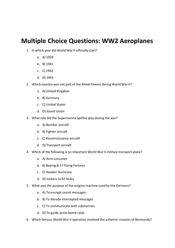Multiple Choice Questions: WW2 Aeroplanes