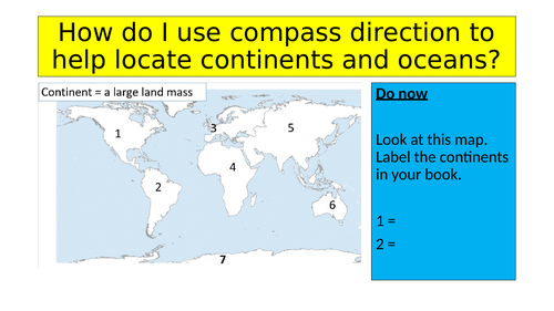 How do I use compass direction to help locate continents and oceans?