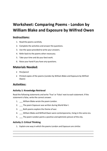 Worksheet: Comparing Poems - London by William Blake and Exposure by Wilfred Owen