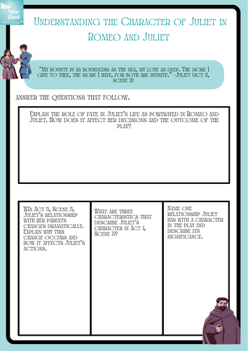 Understanding the Character of Juliet Worksheet Romeo and Juliet William Shakespeare