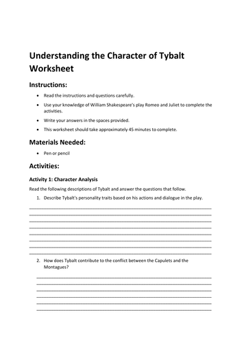 Understanding the Character of Tybalt Worksheet
