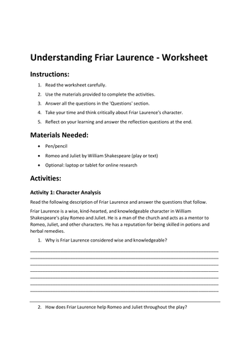 Understanding Friar Laurence - Worksheet - Romeo and Juliet