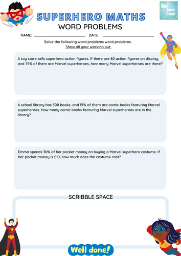 Percentages Maths Word Problems Superhero Themed