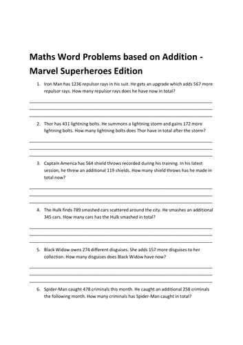 Maths Word Problems based on Addition - Marvel Superheroes Edition ...
