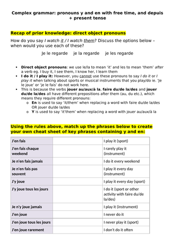 Pronouns en and y with free time KS4 French