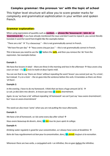 The pronoun en with school topic KS4 French