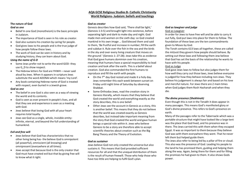 AQA GCSE RS: Judaism beliefs and teachings knowledge organiser booklet