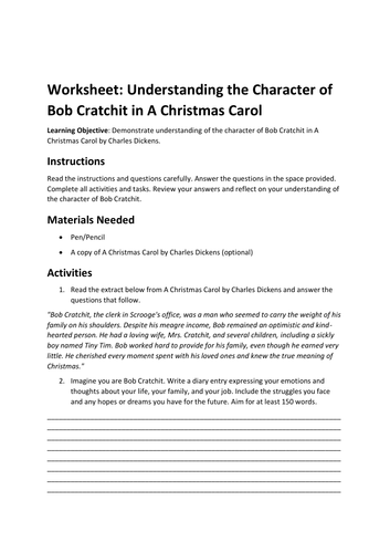 Worksheet: Understanding the Character of Bob Cratchit in A Christmas Carol