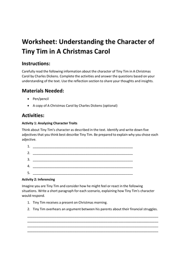Worksheet: Understanding the Character of Tiny Tim in A Christmas Carol