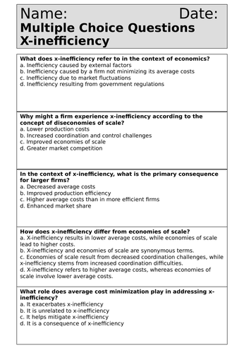 A Level Economics - Question Worksheets - Theme 3.4 - X-inefficiency ...