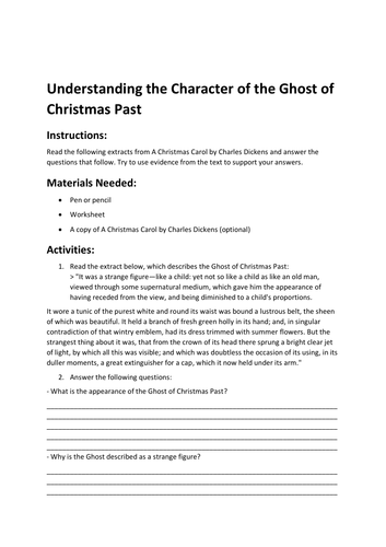 Worksheet : Understanding the Character of the Ghost of Christmas Past
