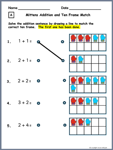 Addition within 10 Worksheets Ten Frame Mittens Winter | Teaching Resources