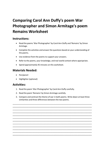 Comparing Carol Ann Duffy's poem War Photographer and Simon Armitage's poem Remains Worksheet