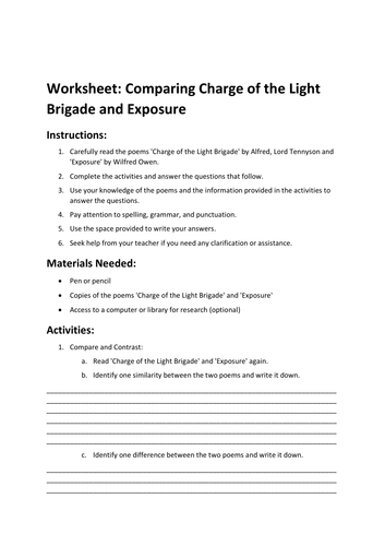 worksheet-comparing-charge-of-the-light-brigade-and-exposure