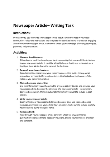 Newspaper Article– Writing Task