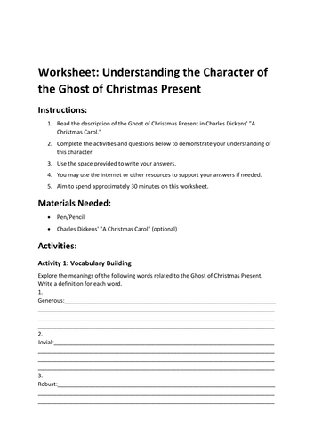 Worksheet: Understanding the Character of the Ghost of Christmas Present
