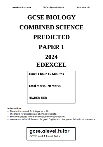 GCSE PREDICTED 2024 COMBINED SCIENCE BIOLOGY EDEXCEL PAPER 1 | Teaching ...