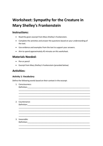 Worksheet: Sympathy for the Creature in Mary Shelley's Frankenstein