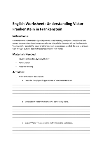 Worksheet: Understanding Victor Frankenstein in Mary Shelley's Frankenstein