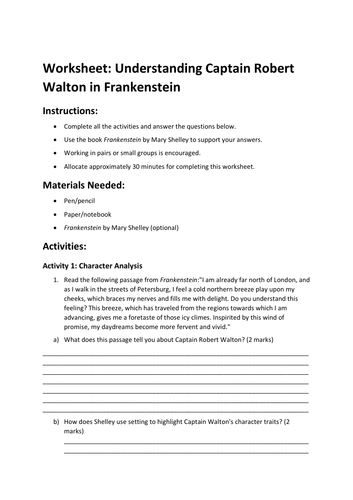 Worksheet: Understanding Captain Robert Walton in Frankenstein