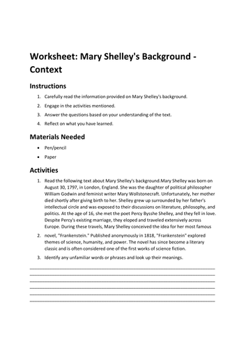 Worksheet: Mary Shelley's Background - Context
