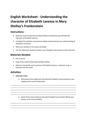 English Worksheet - Understanding the character of Elizabeth Lavenza in Mary Shelley’s Frankenstein