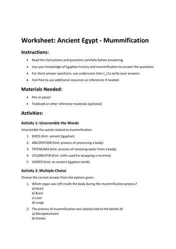 Worksheet: Ancient Egypt - Mummification | Teaching Resources