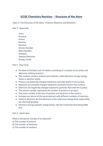 GCSE Chemistry Revision Notes And Quiz - Structure of the Atom ...