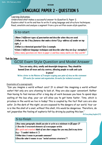 GCSE English Language Paper 2 (AQA), Question 5 - Revision lesson ...