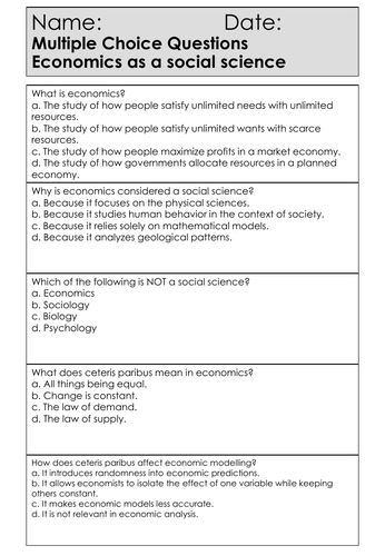 A Level Economics - Worksheets - Theme 1.1 - Economics As A Social 