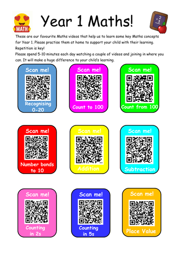 Year 1 Maths QR Code Homework Handout | Teaching Resources