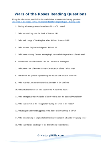 Wars of the Roses Reading Questions Worksheet | Teaching Resources