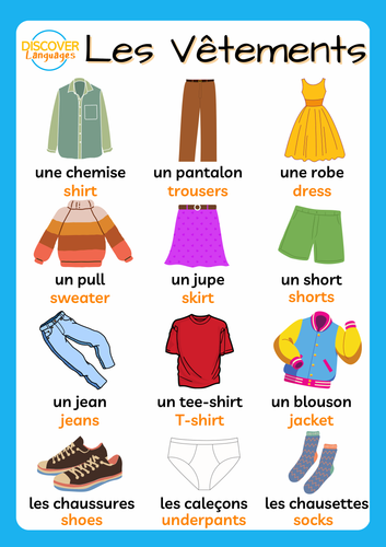 French Clothes Vocabulary Worksheet & Poster