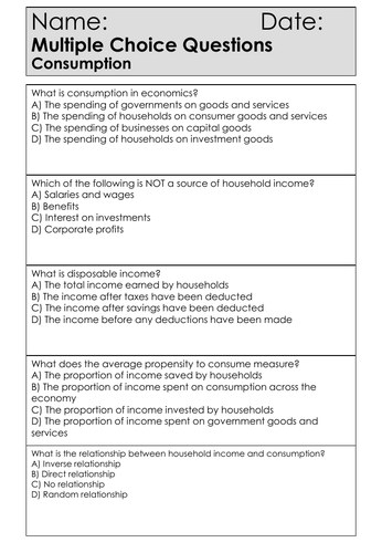 A Level Economics - Worksheets - Theme 2.2 - Consumption | Teaching