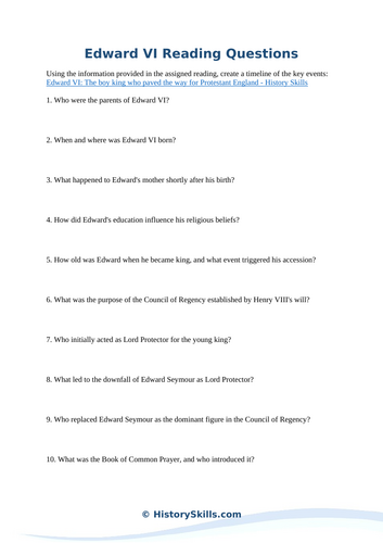 King Edward VI Reading Questions Worksheet | Teaching Resources