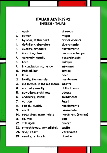 ITALIAN ADVERBS LIST FREEBIE #2 | Teaching Resources