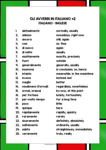 ITALIAN ADVERBS LIST FREEBIE #2 | Teaching Resources