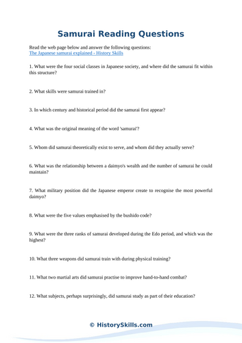 Introduction to the Samurai Reading Questions Worksheet | Teaching ...