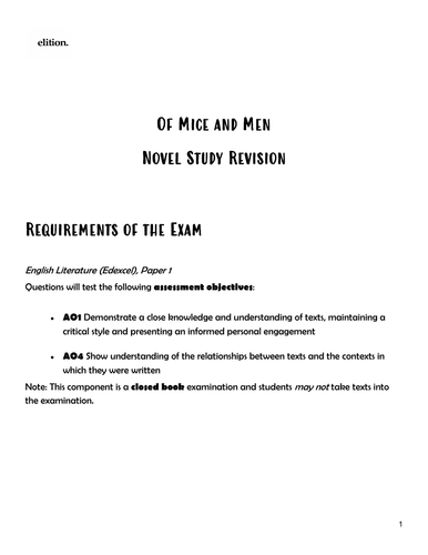 Edexcel IGCSE English Literature 'Of Mice and Men' Novel Study Revision Book