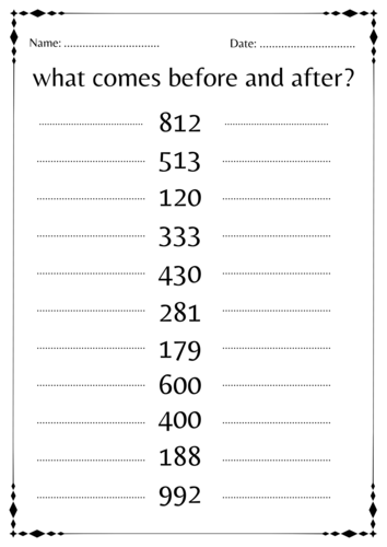 what comes 3 digit numbers before and after worksheet for kindergarten ...