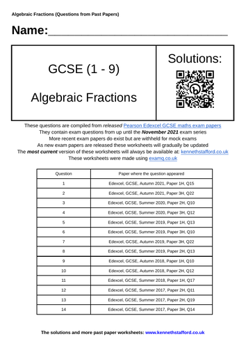 Algebraic Fractions. GCSE Maths Past Paper Questions. | Teaching Resources